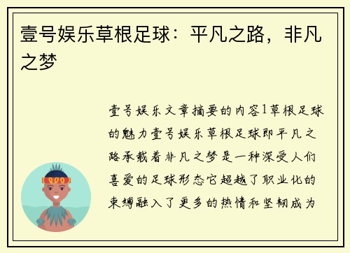 壹号娱乐草根足球：平凡之路，非凡之梦