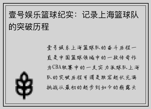 壹号娱乐篮球纪实：记录上海篮球队的突破历程