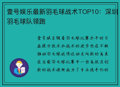 壹号娱乐最新羽毛球战术TOP10：深圳羽毛球队领跑