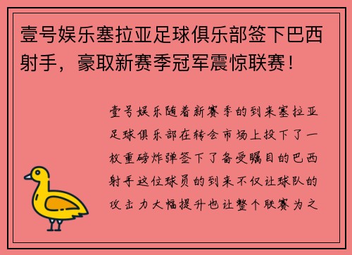壹号娱乐塞拉亚足球俱乐部签下巴西射手，豪取新赛季冠军震惊联赛！